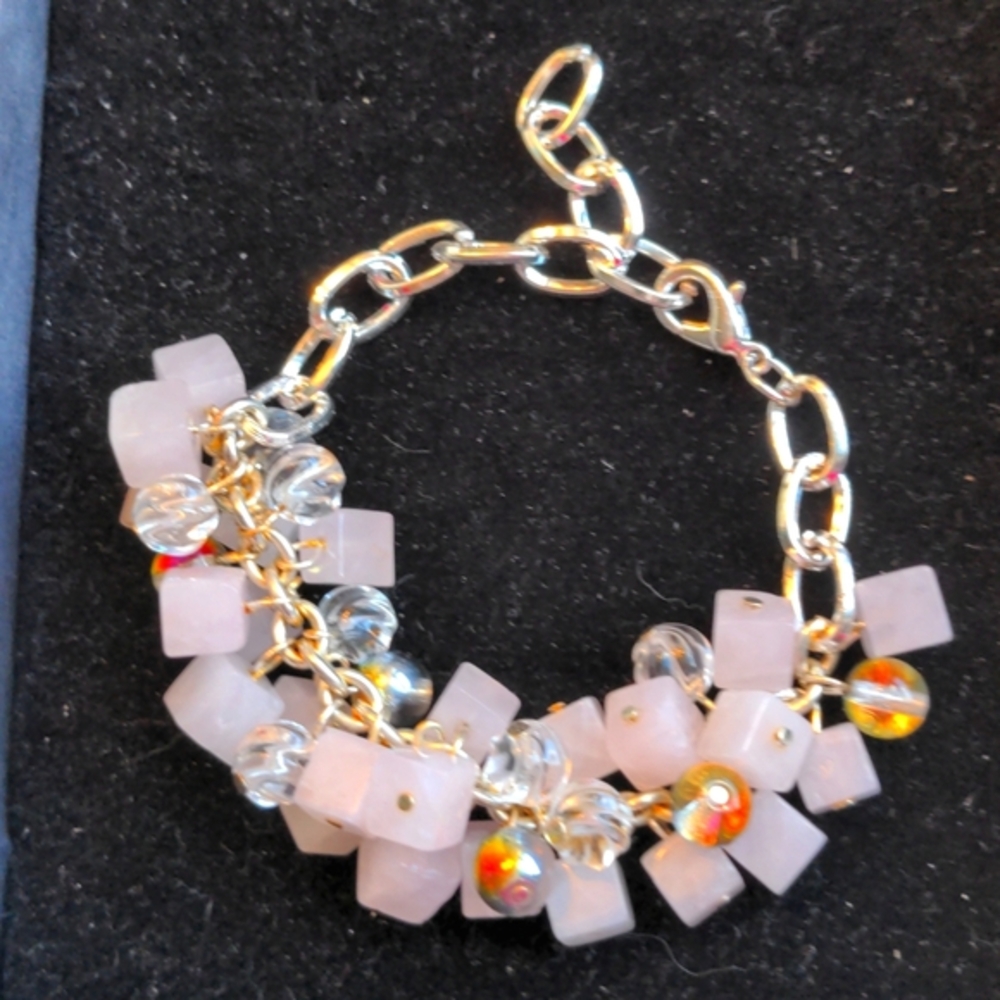 Rose Quartz Bracelet With Crystal & Art glass. Adjustable, Silver Wire wrap, NEW
